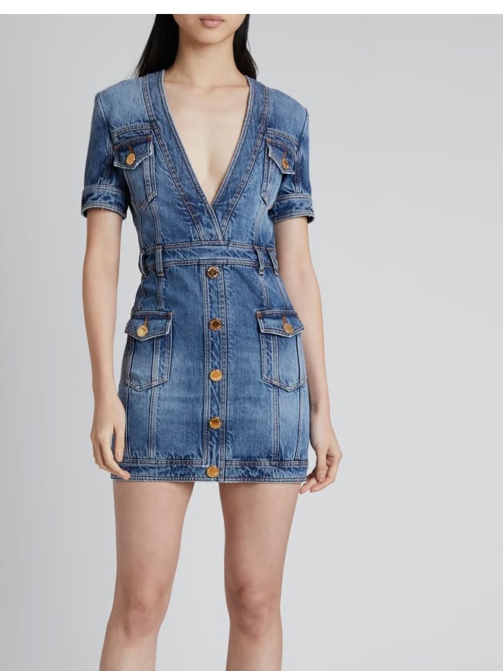Balmain Short Sleeve Denim Dress with Gold Buttons accents. Gold zipper up back.